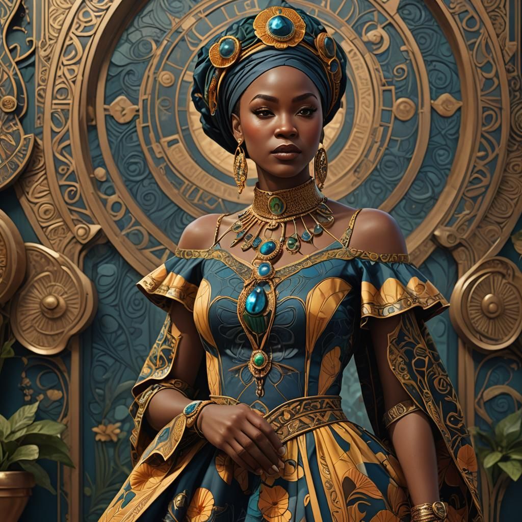Art Nouveau Nigerian Lady in Ankara Dress