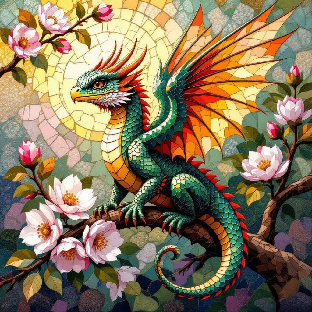 Mosaic Dragon-Bird Perched on Blossoming Branch