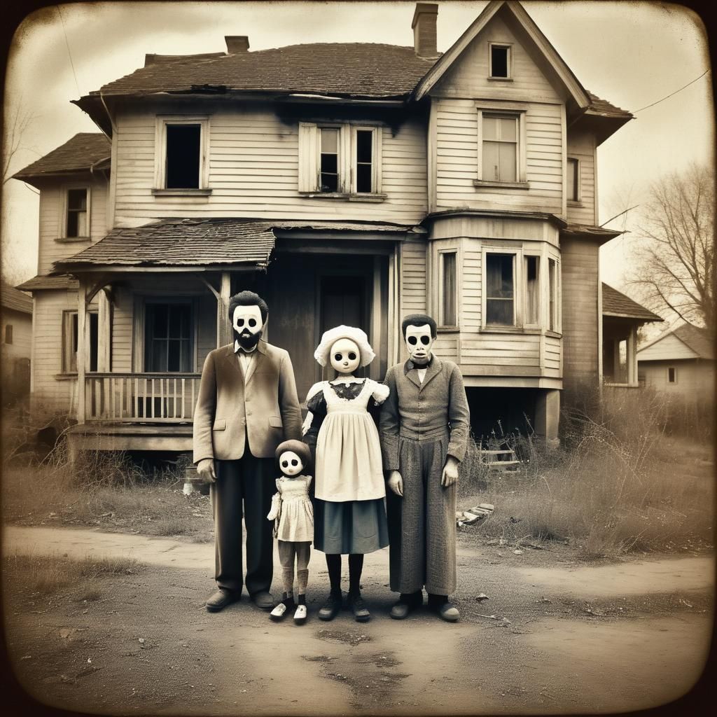 Creepy Doll Family Photo in Sepia Tone