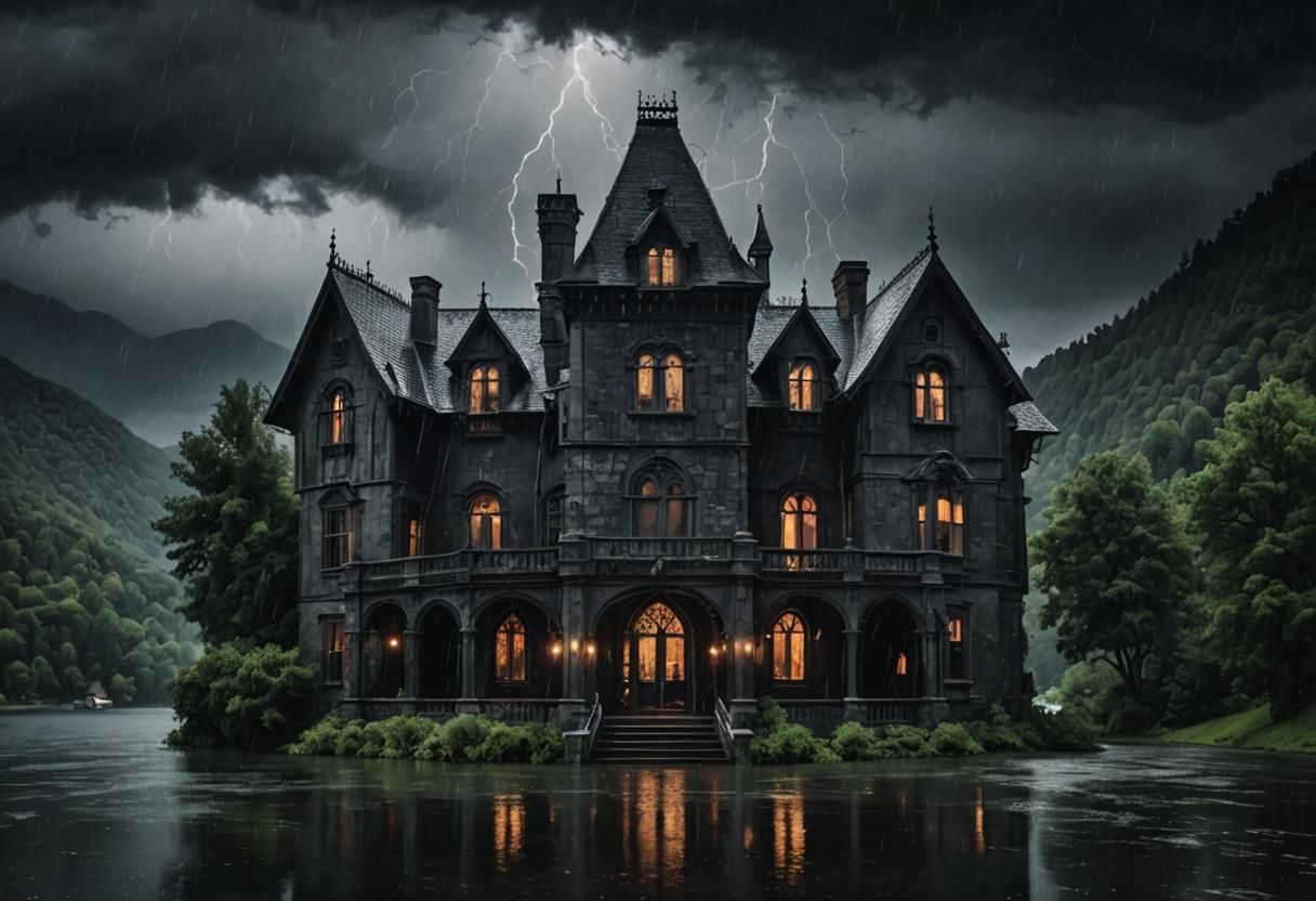 Gothic Mansion in Thunderstorm by a Mountain Lake