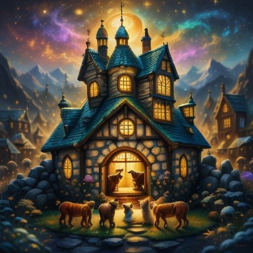 Whimsical Animals Play Happily in Fantasy Shelter