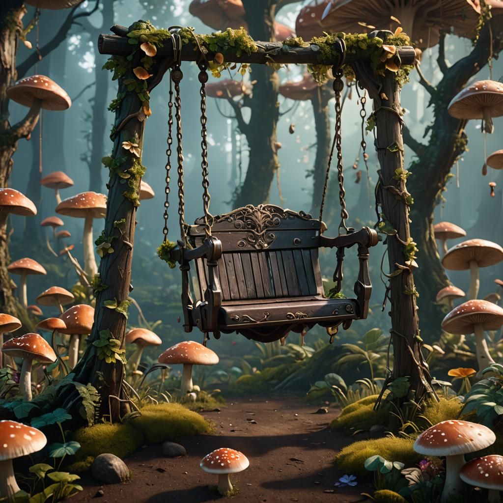 Fantastical Swing Surrounded by Mushrooms