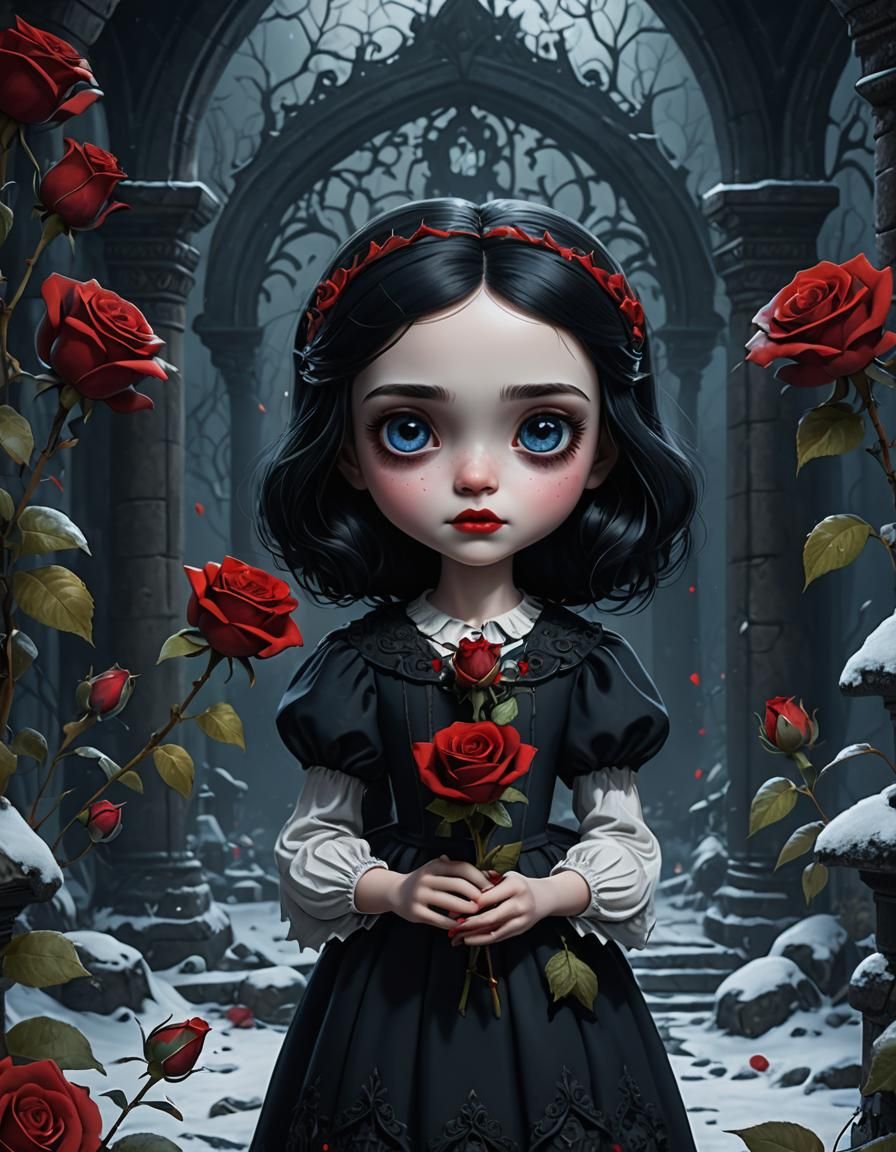 gothic, snow white, cute, big eyes, holding red rose, horror, blacks, blues, yellow, white