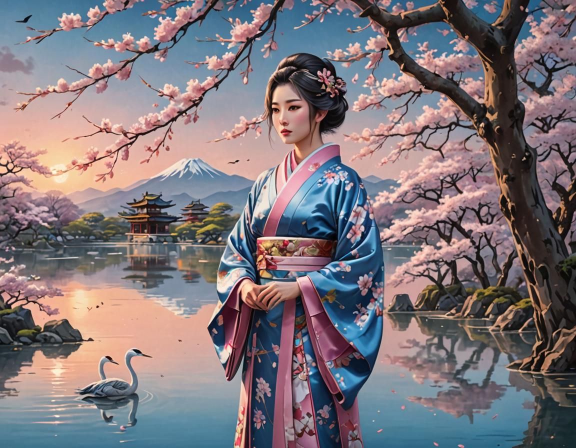 Japanese Princess in Kimono Under Sakura Tree