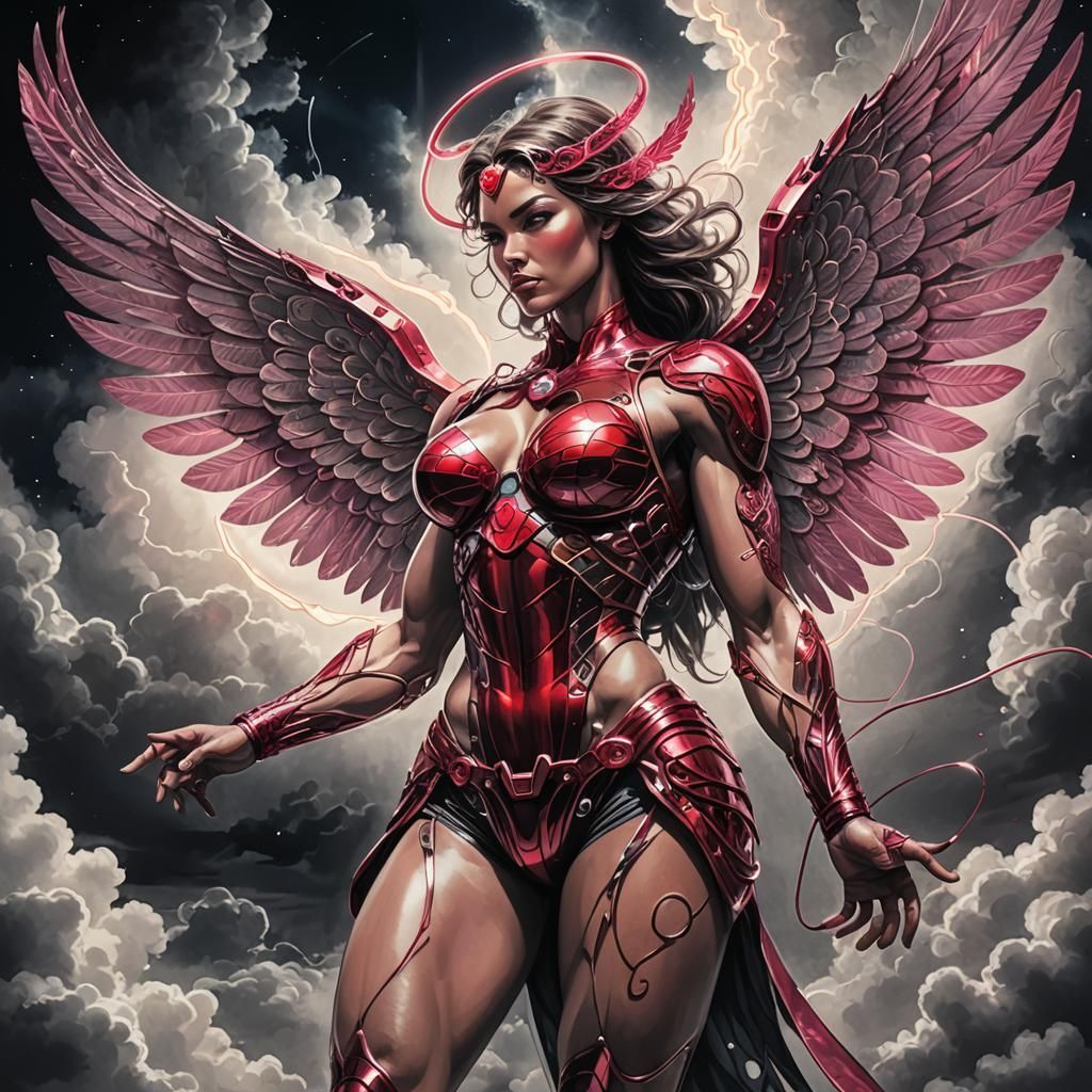 Futuristic Ruby Angel: Fineliner and Inkwash Sketch