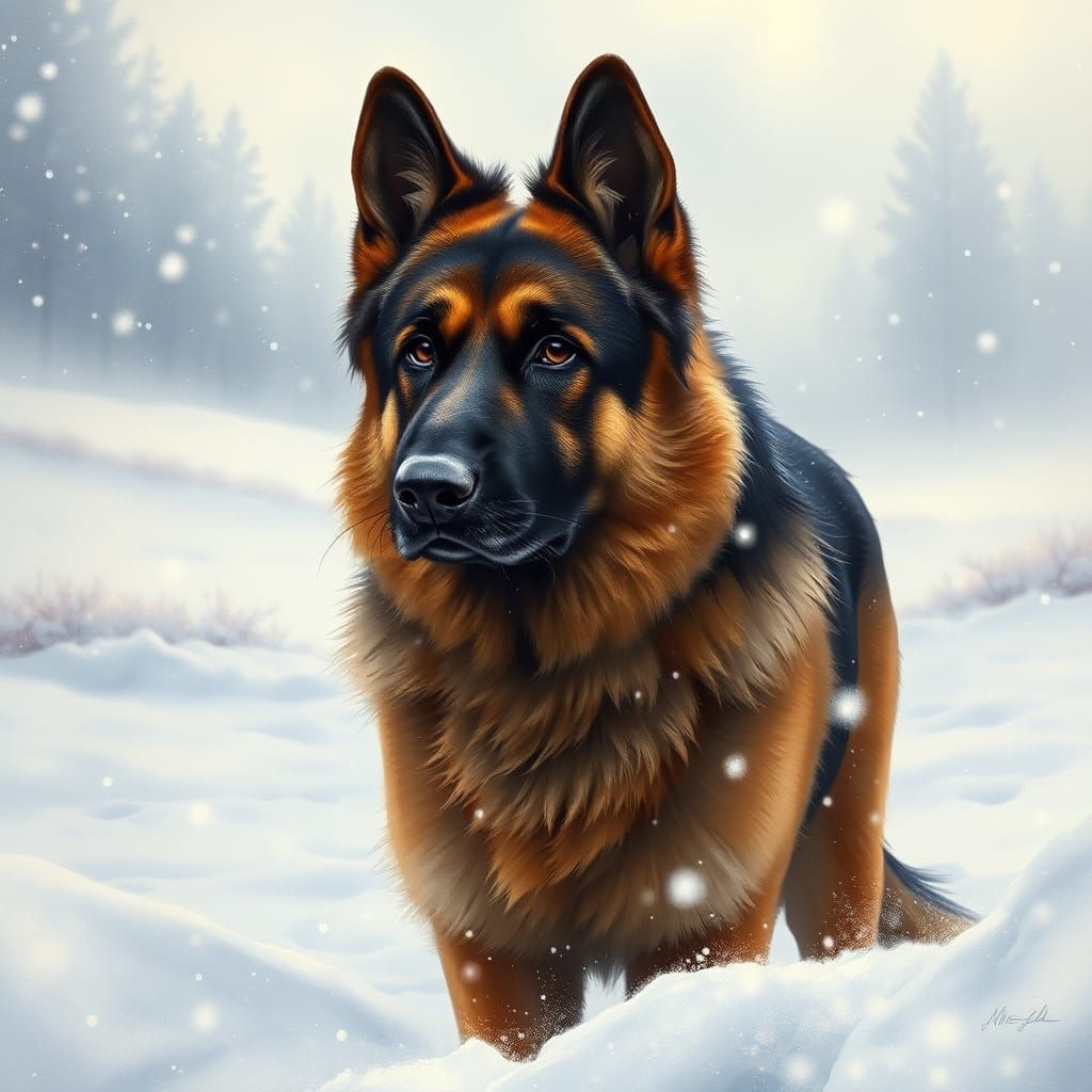 Majestic German Shepherd Dog in Winter Wonderland