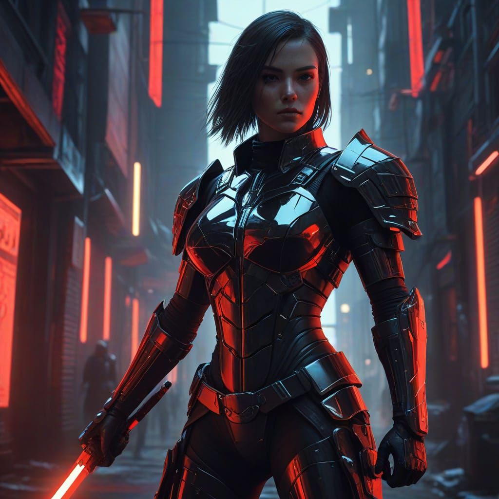 Cyberpunk Female Warrior with Glowing Sword in Neon City