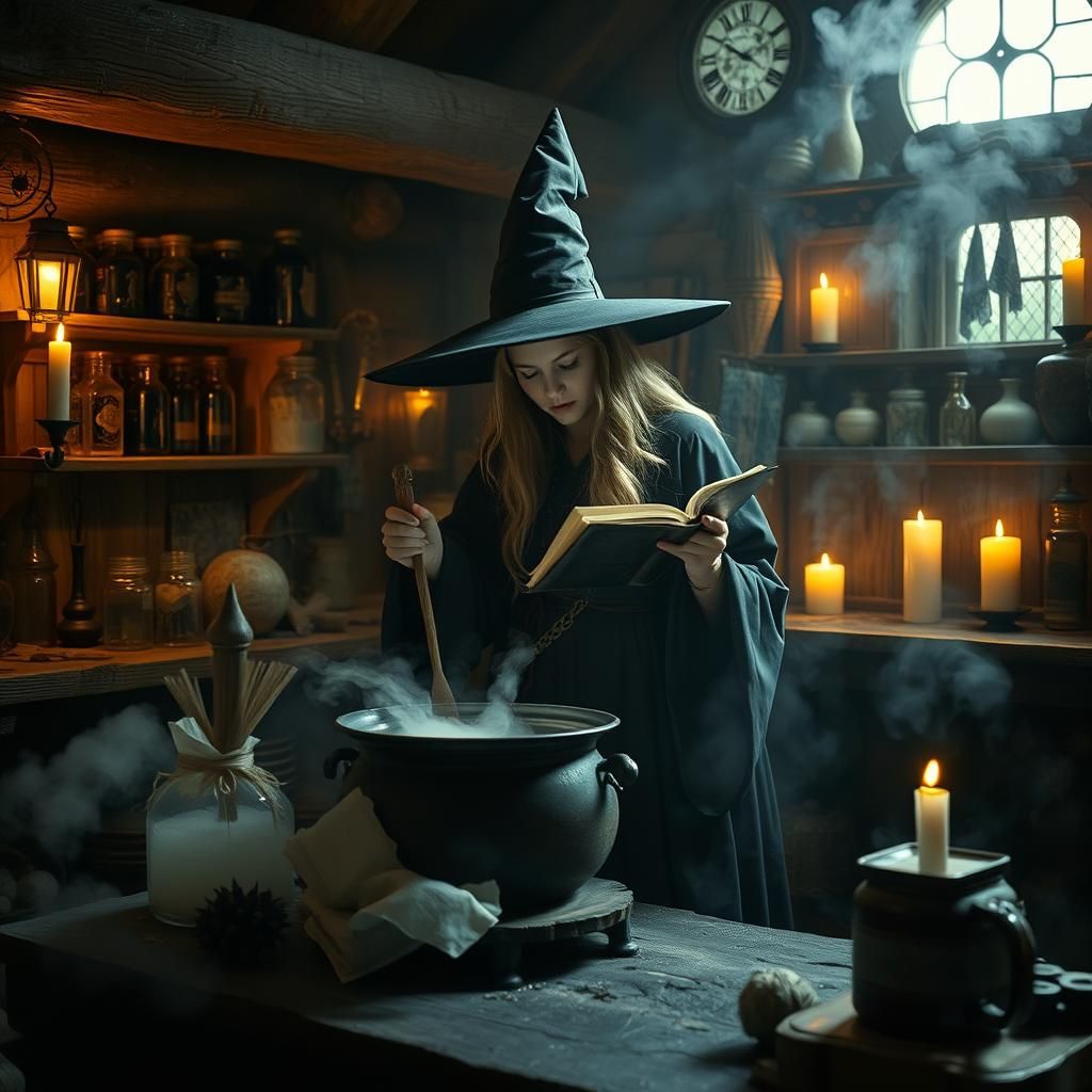Medieval Witch Stirring Cauldron in Rustic Cottage