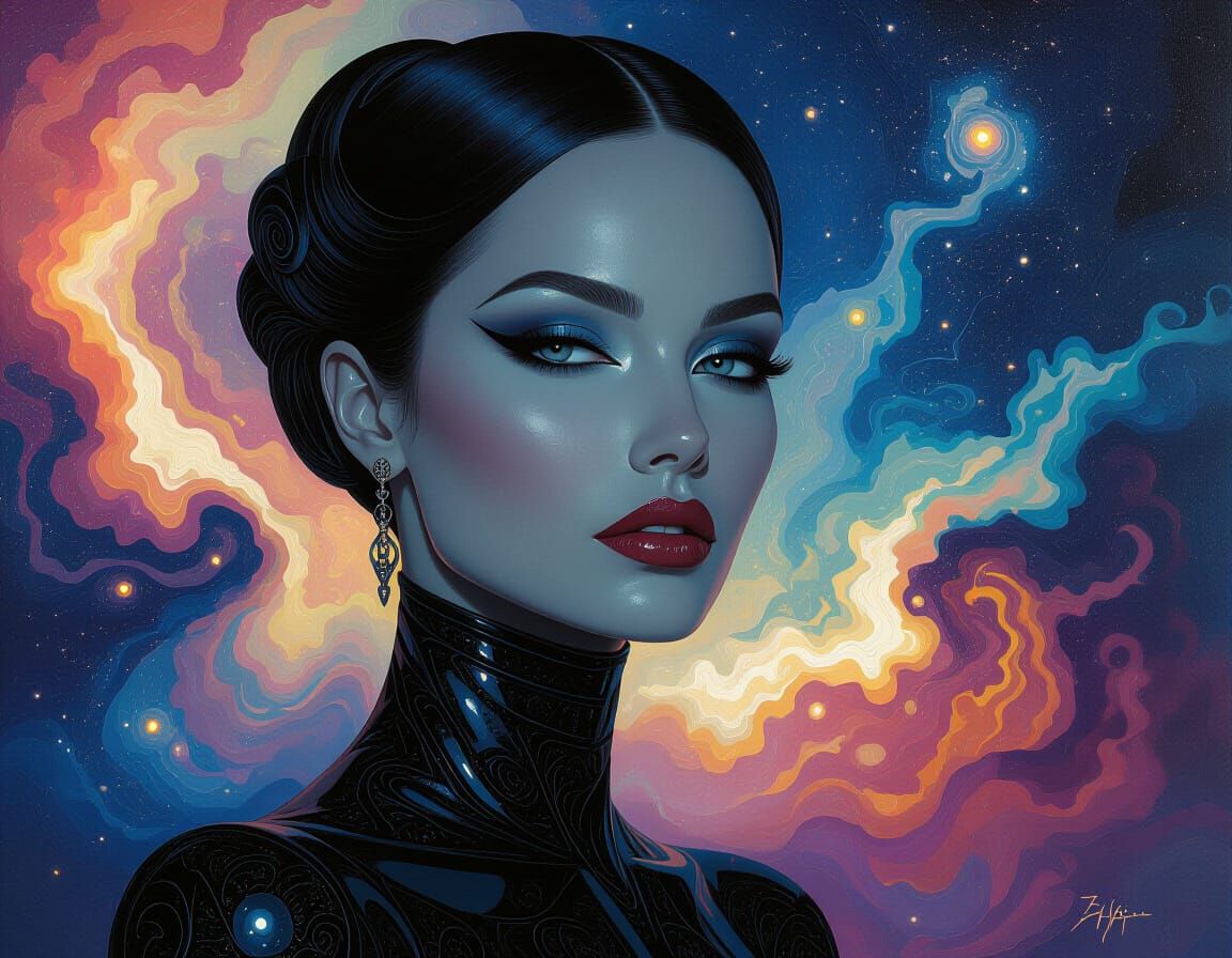 Ethereal Obsidian Woman Against Cosmic Nebulae as 3D Renderi...