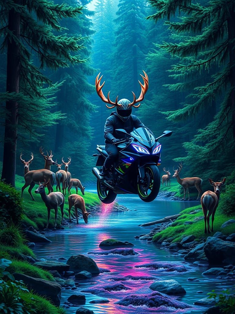 Emerald Cove Deer with Leaping Neon Motorcycle