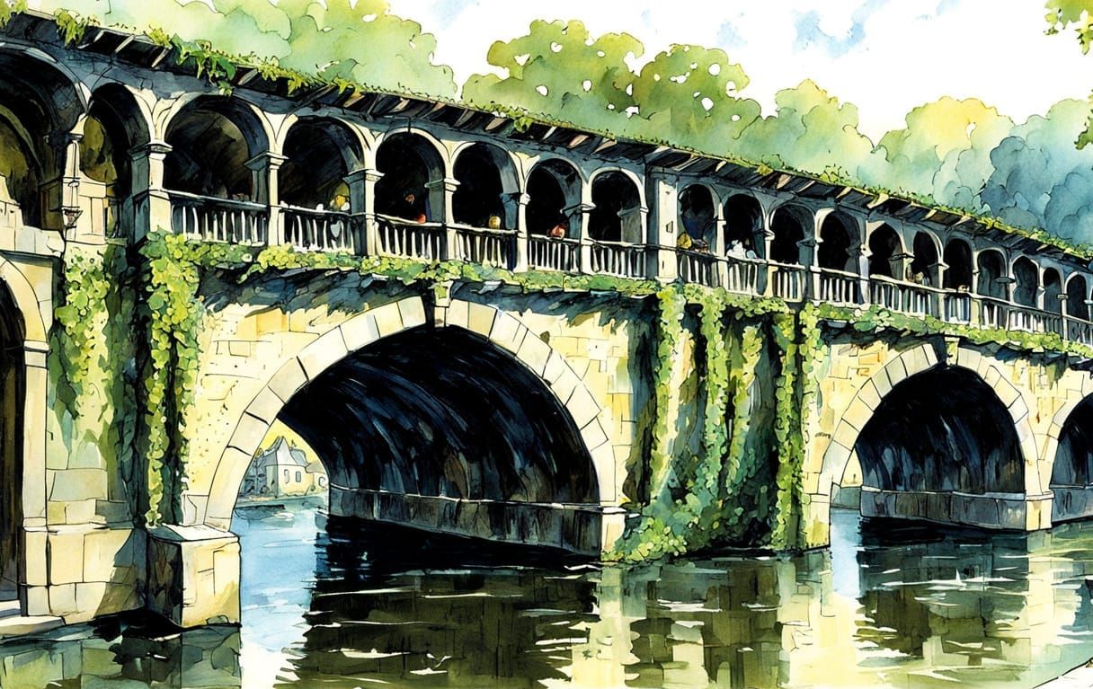 Medieval Village on Stone Bridge at Golden Hour