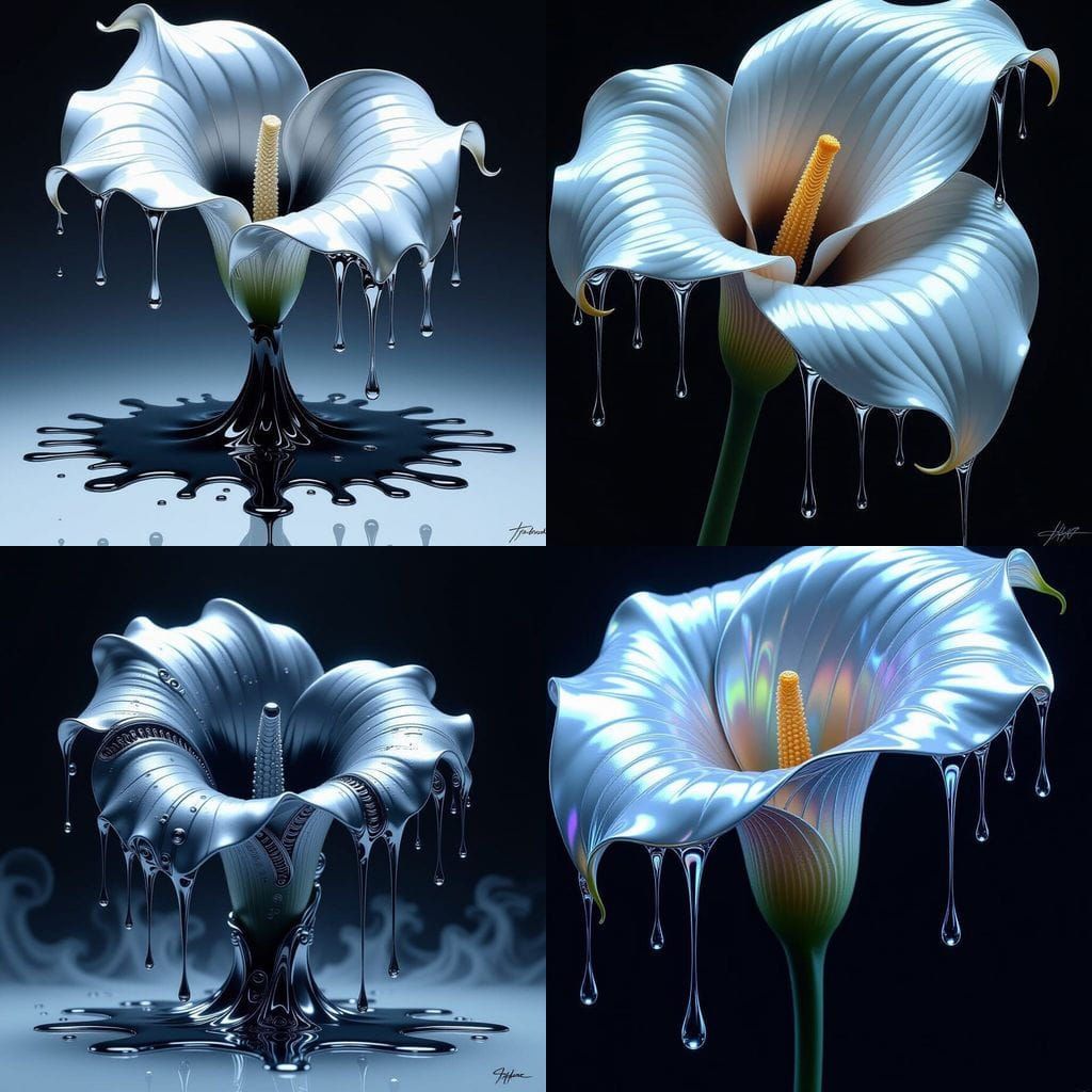 Silver Calla Lily Drips Liquid Metal, Detailed Black Backgro...