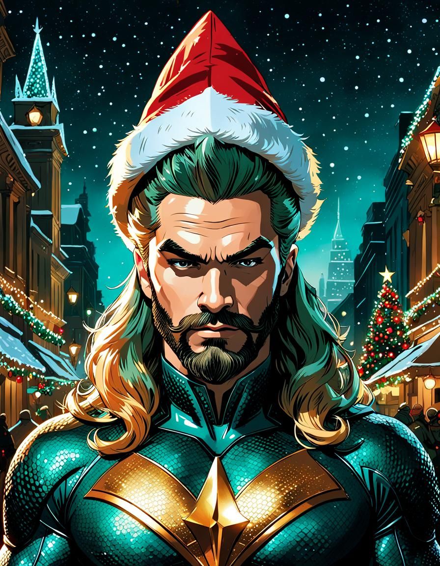 Aquaman in Christmas Hat, Comic Book Art