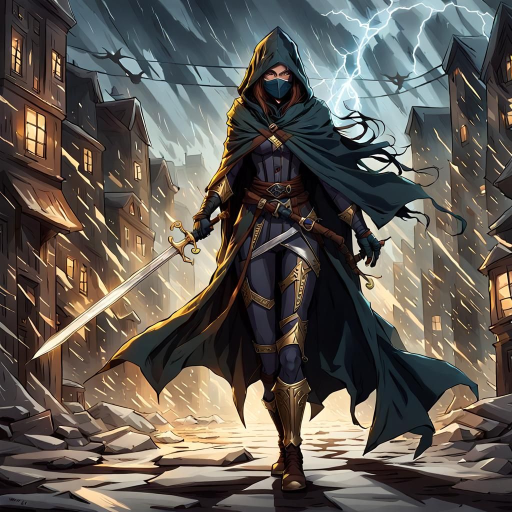 High Elf Rogue in Stormy Cityscape