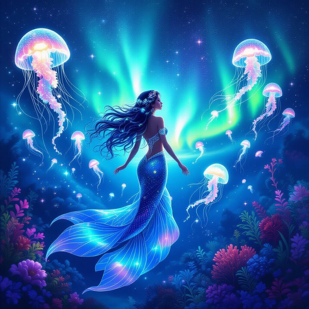 Lush Mermaid in Bioluminescent Cosmic Ocean