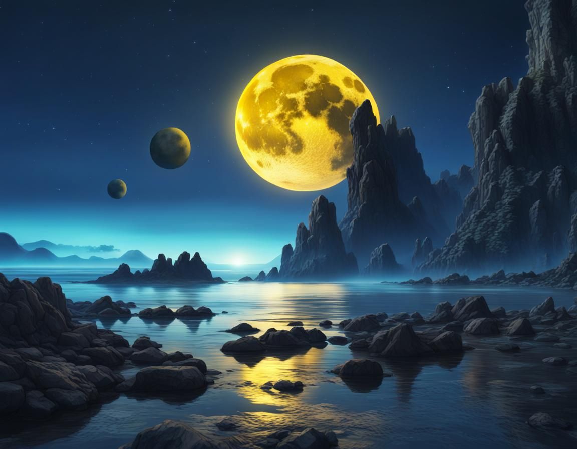 Alien Planet Rocky Shoreline at Midnight in Anime Style