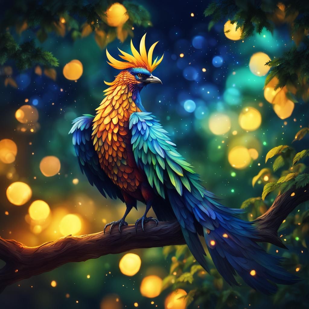 a colorful phoenix bird, overlooking the night sky. the bird is resting on a tree branch covered by green leaves in a lu...