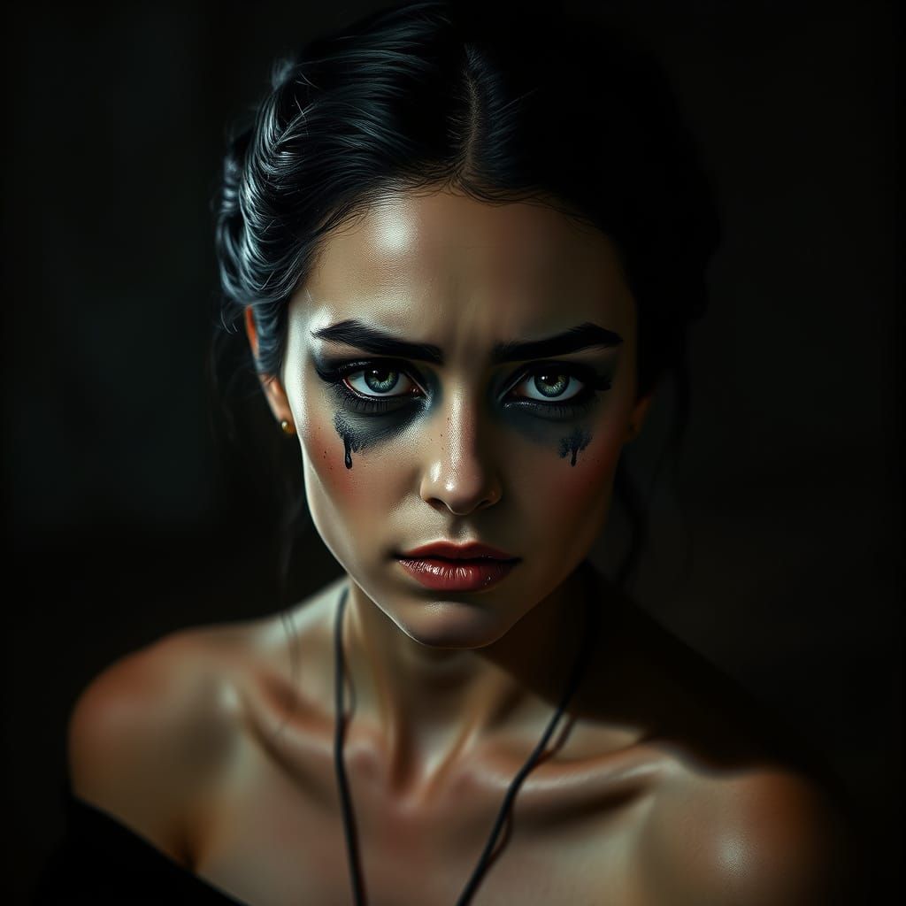 Emotional Portrait of a Woman with Black Tears
