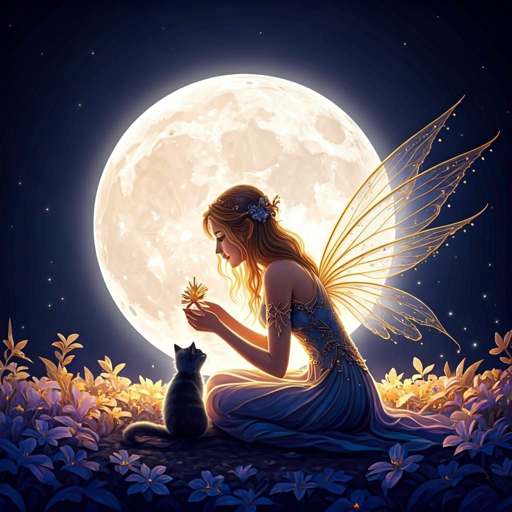 Fairy and Cat Silhouetted by Colorful Moon