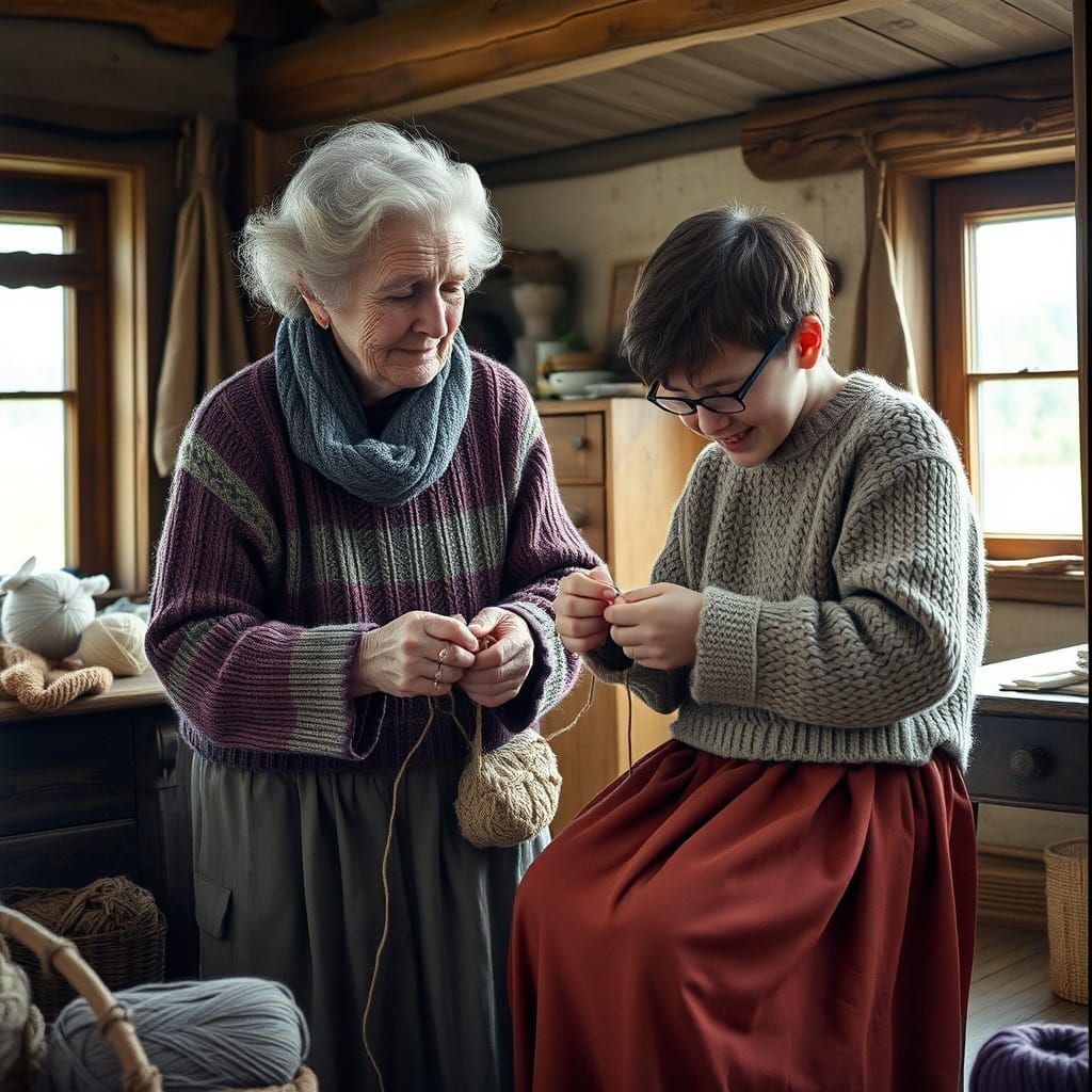 Cozy Cottage Knitting Lesson: Nostalgic Storybook Scene