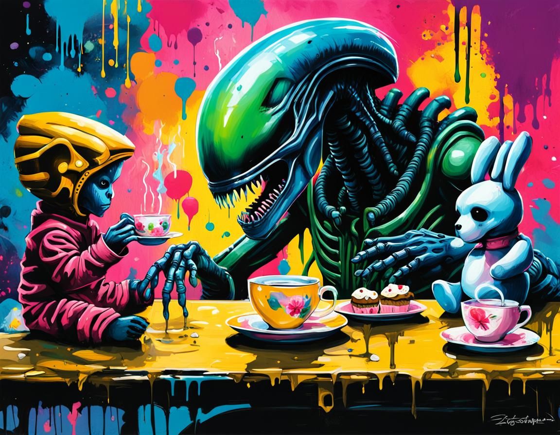 Xenomorph Tea Party in Graffiti Art Style
