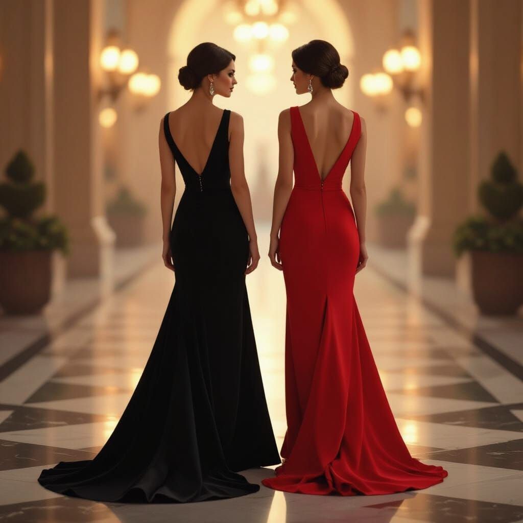 Elegant Women in Red and Black Dresses