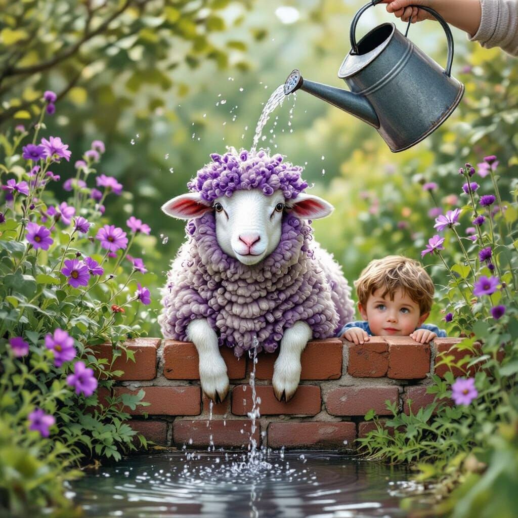 Sheep with Purple Curls in Whimsical Garden Scene