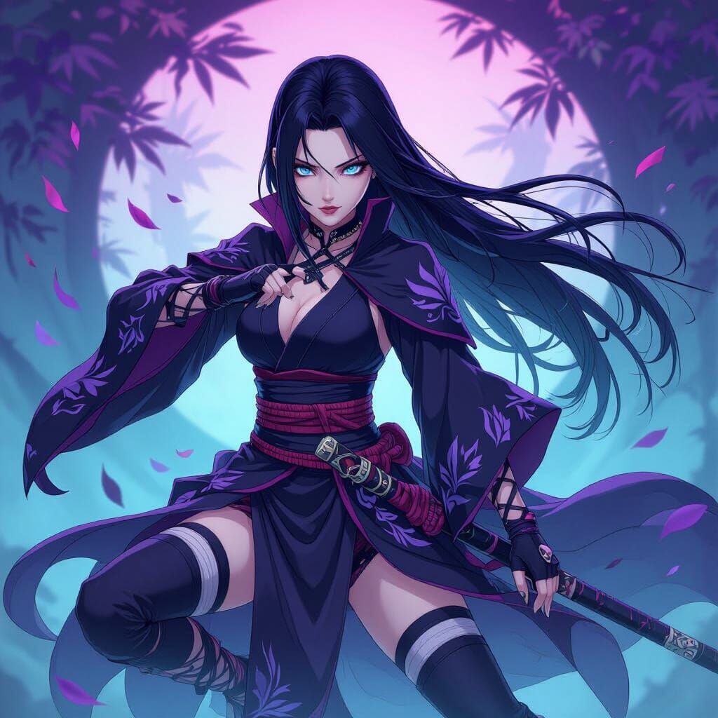 Gothic Leaf Ninja with Black Hair and Blue Eyes