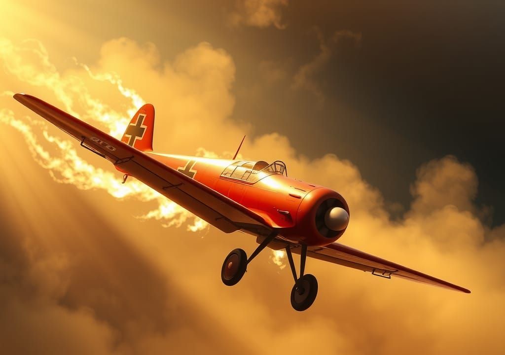 Scarlet Fokker DR1 Pursues Burning Biplane
