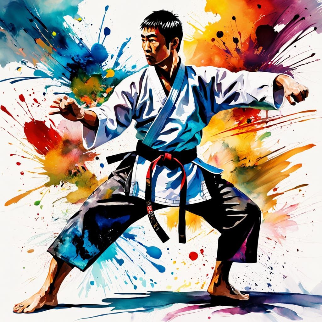 Martial Artist Flying Kick in Alcohol Ink Style