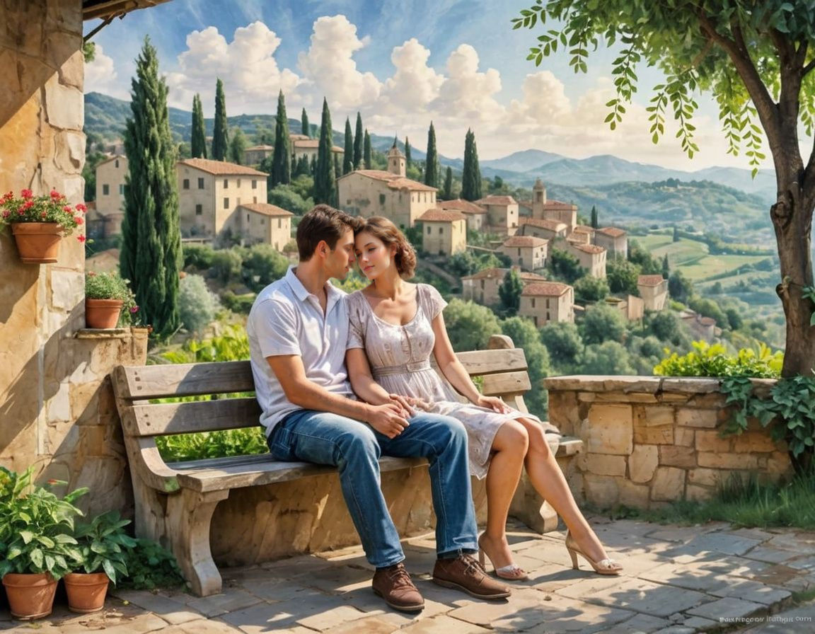 Couple's Romantic Tuscan Village Scene in Watercolor