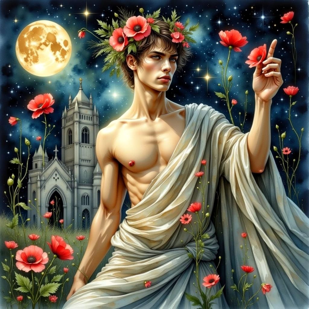 Seductive Greek God Hypnos in Watercolour Gothic Style
