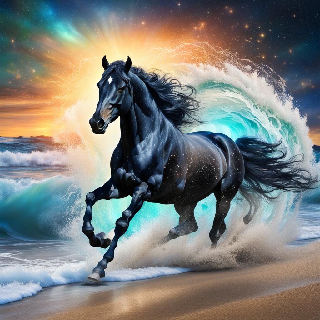 Black Horse Galloping on Beach in Astral Style