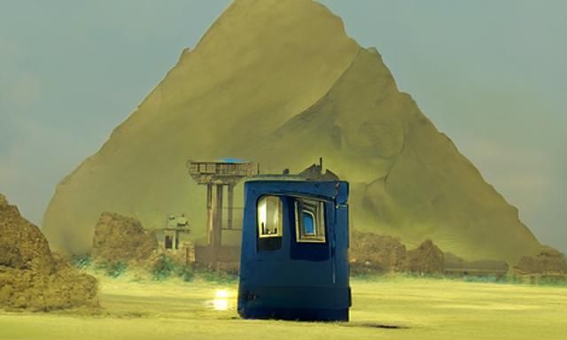 Vintage Police Box Near Pyramids in Surrealist Style
