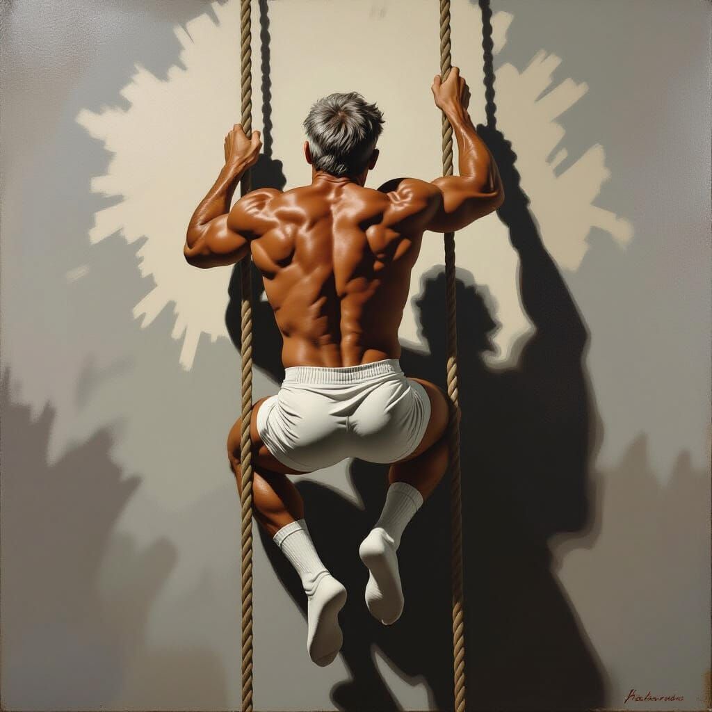 Man Climbing Rope in Dramatic Chiaroscuro Lighting