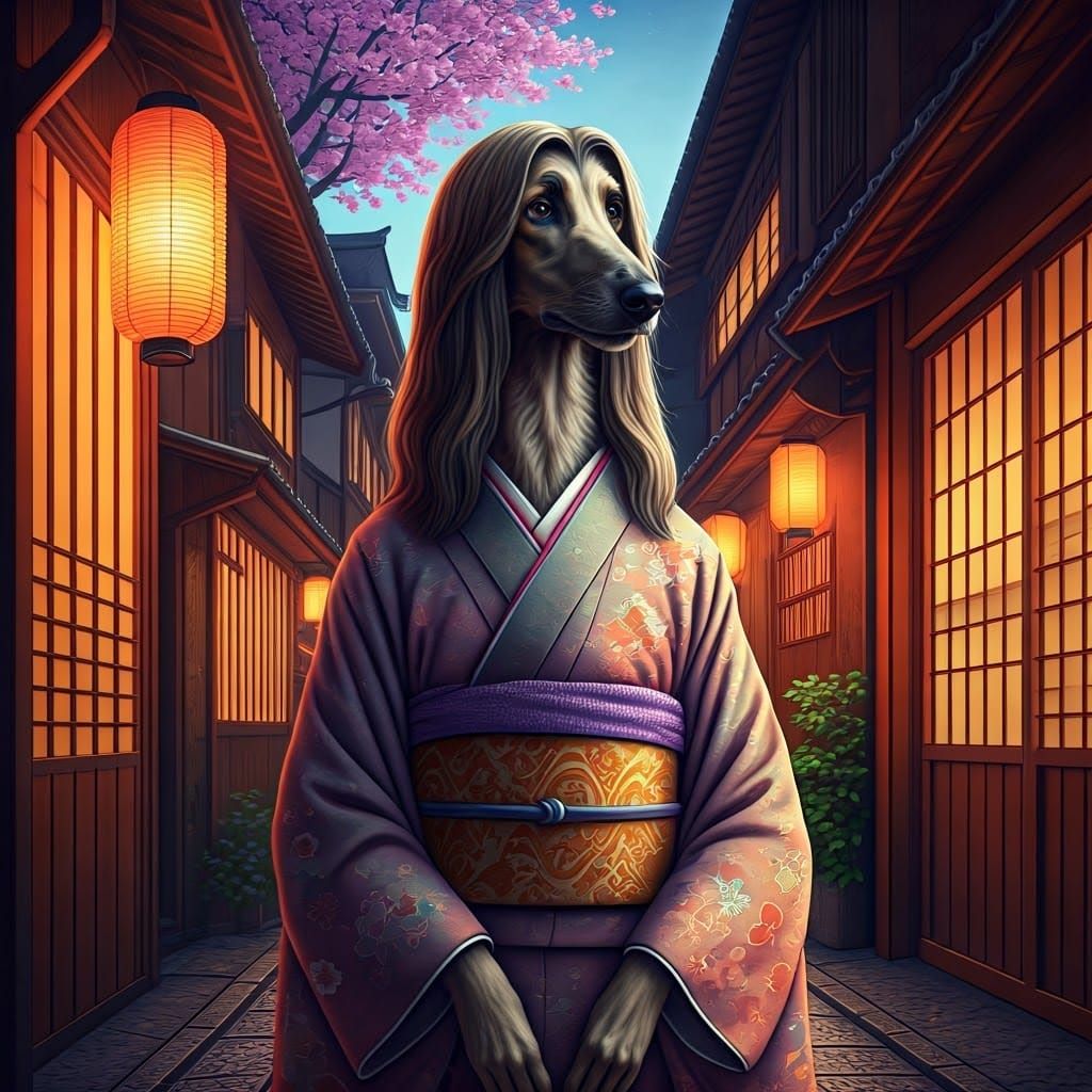 Afghan Hound Geisha in Lantern-Lit Alleyway