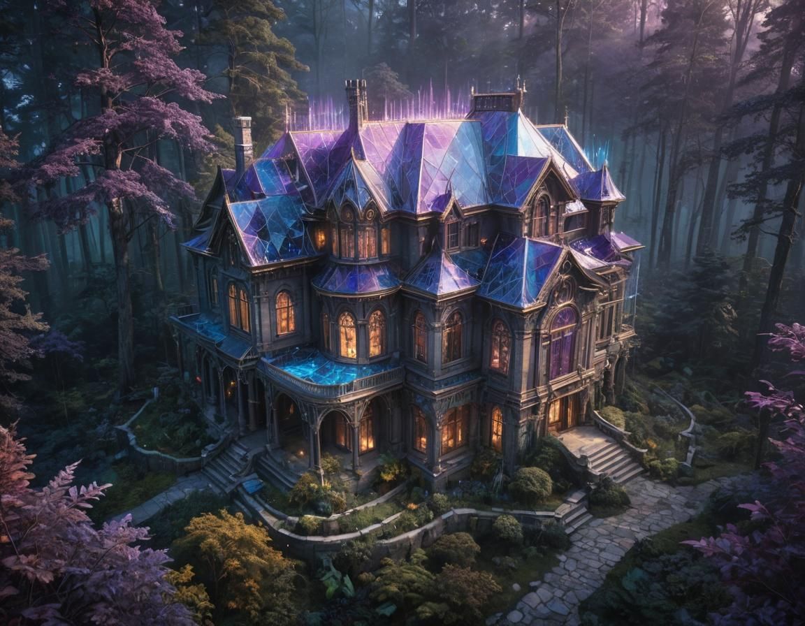 Crystal Roof Mansion in Dark Forest: Digital Concept Art