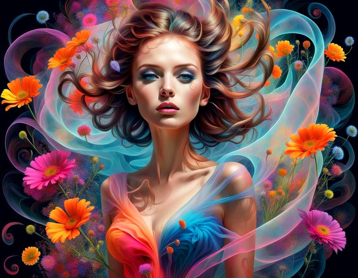 Surreal Neon Portrait with Organza Swirls