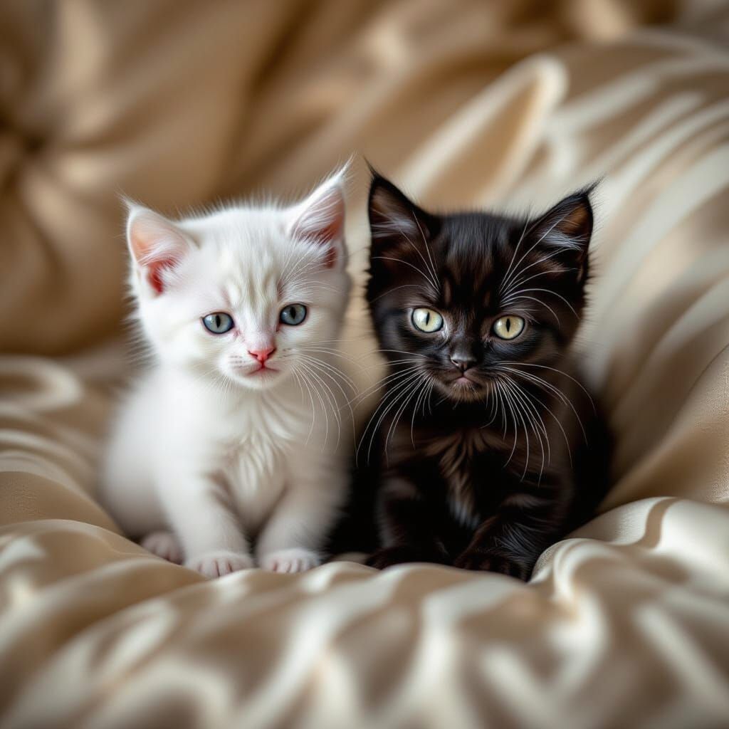 Cute Kittens on Silk Sofa in Dramatic Cinematic Lighting