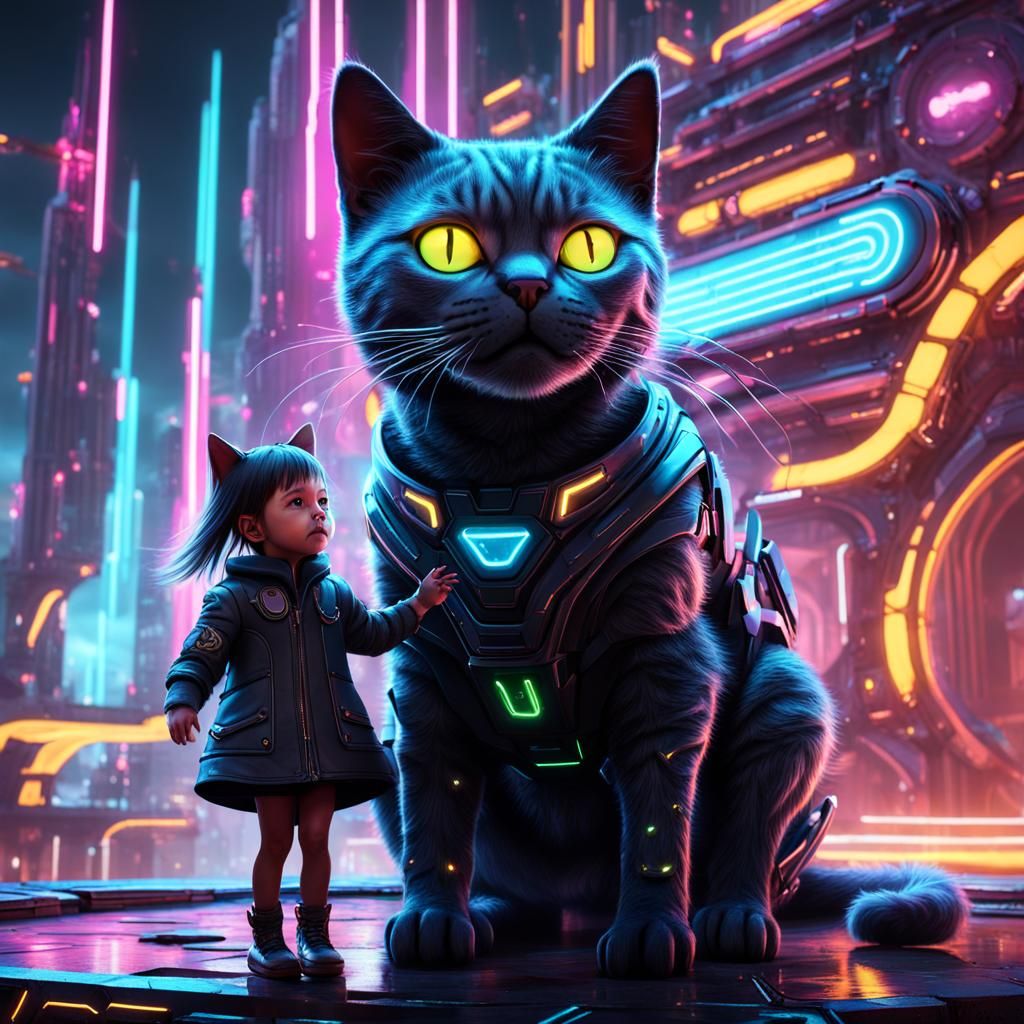 Cyborg Cat and Girl in Neon Futuristic Art