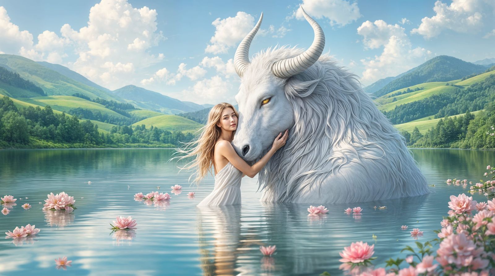 Fantasy Nymph Embracing a Mythical White Beast in a Serene L...