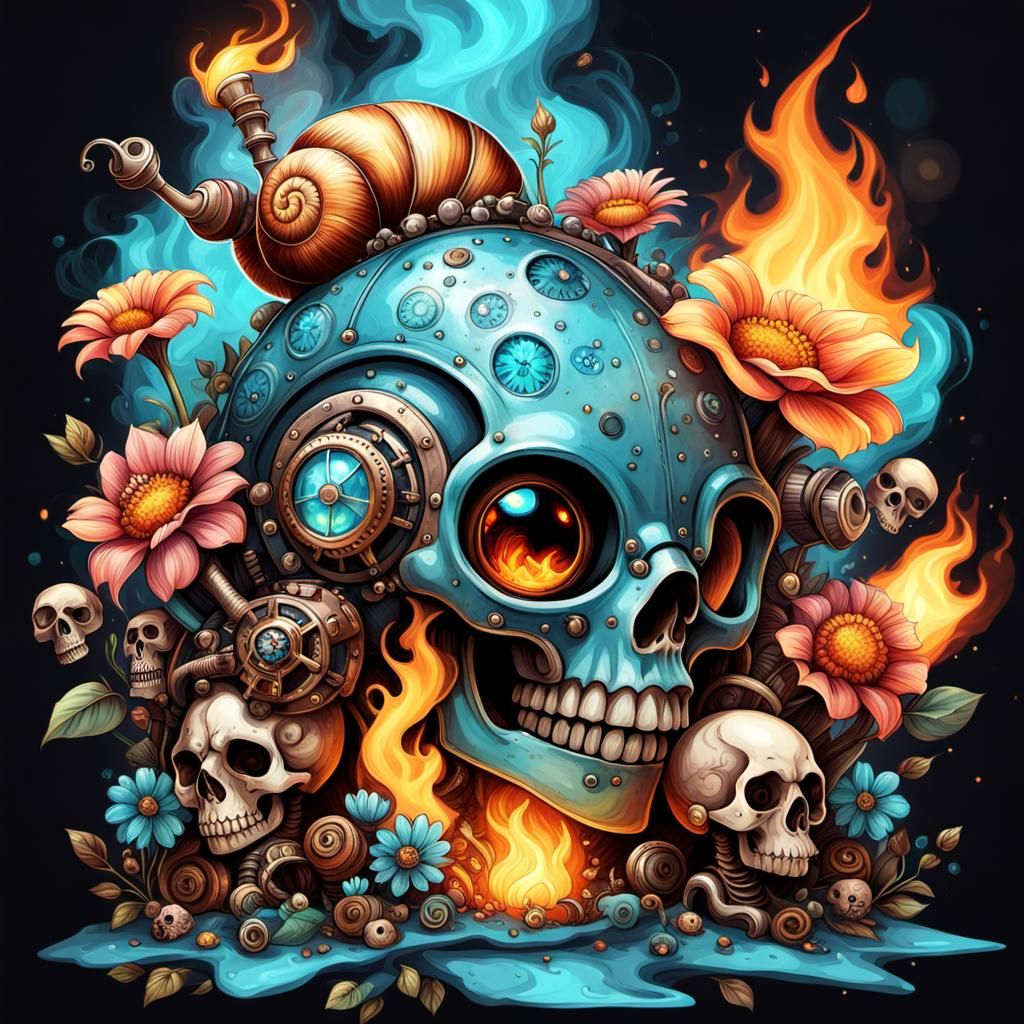 Steampunk Engine with Skulls, Woman, and Snail