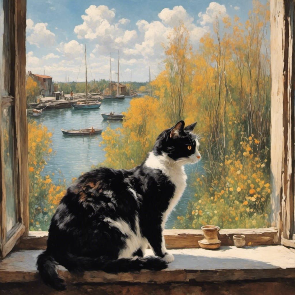 Cat Watching River Boats in Palekh Style