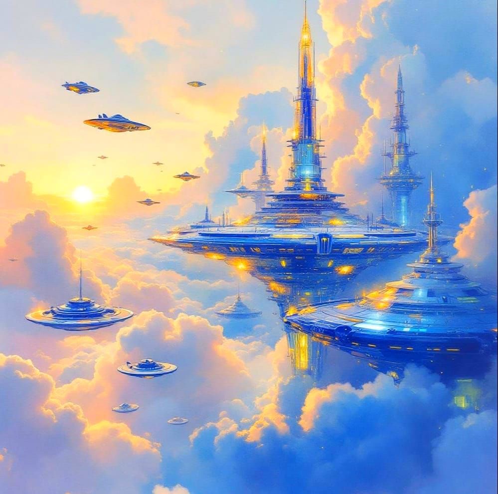 Glowing Futurist Space Station in Vibrant Watercolour Oil Pa...