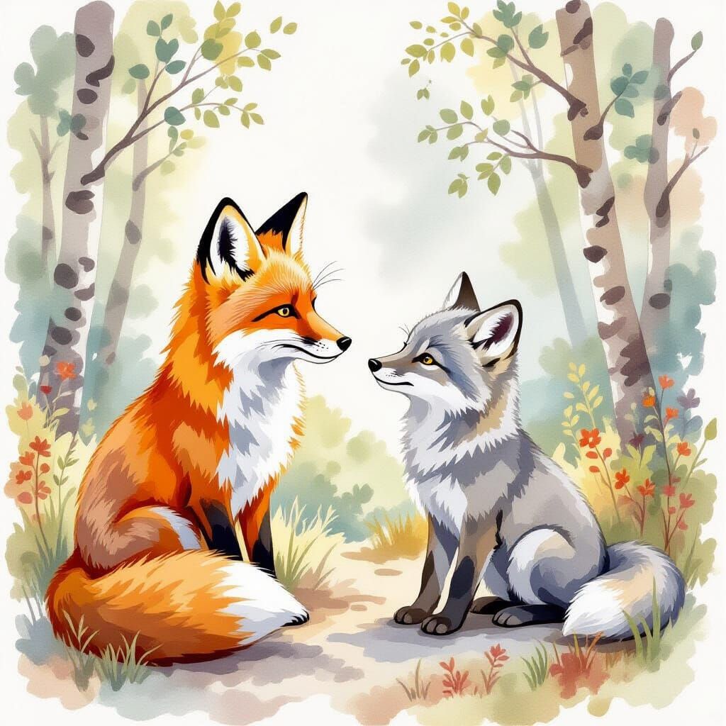 Whimsical Watercolor Art of Fox and Wolf Cub
