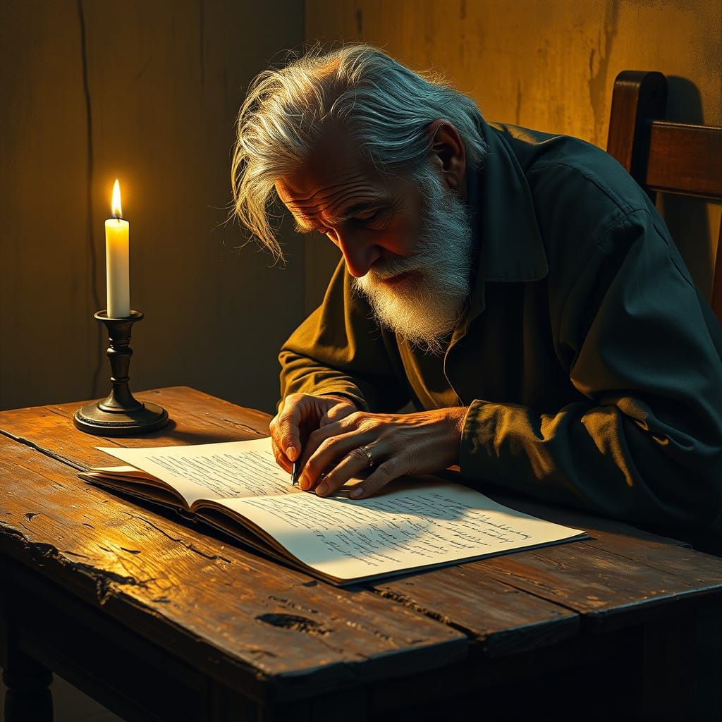 Elderly Italian Man Writes Heartfelt Letter in Soft, Golden....