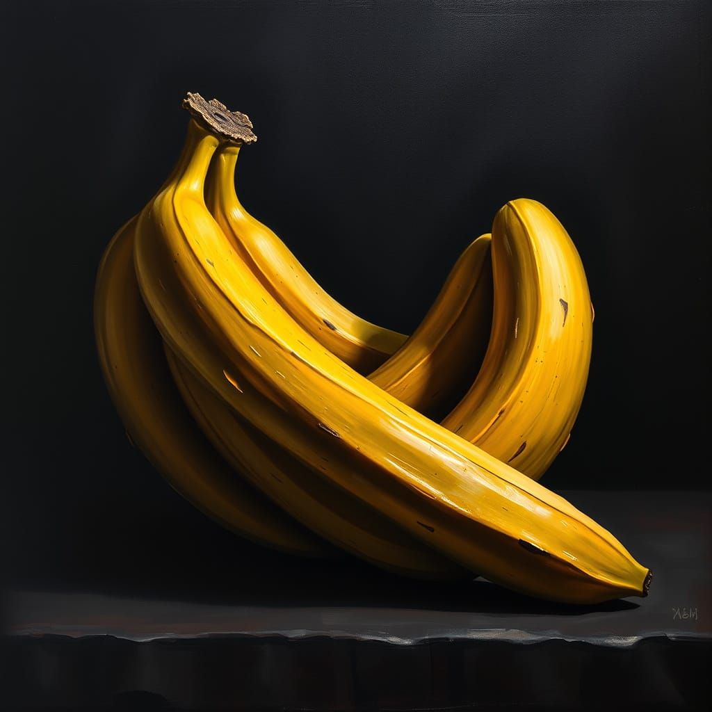 Luxurious Oil Painting of Bananas in Moody Black Hues
