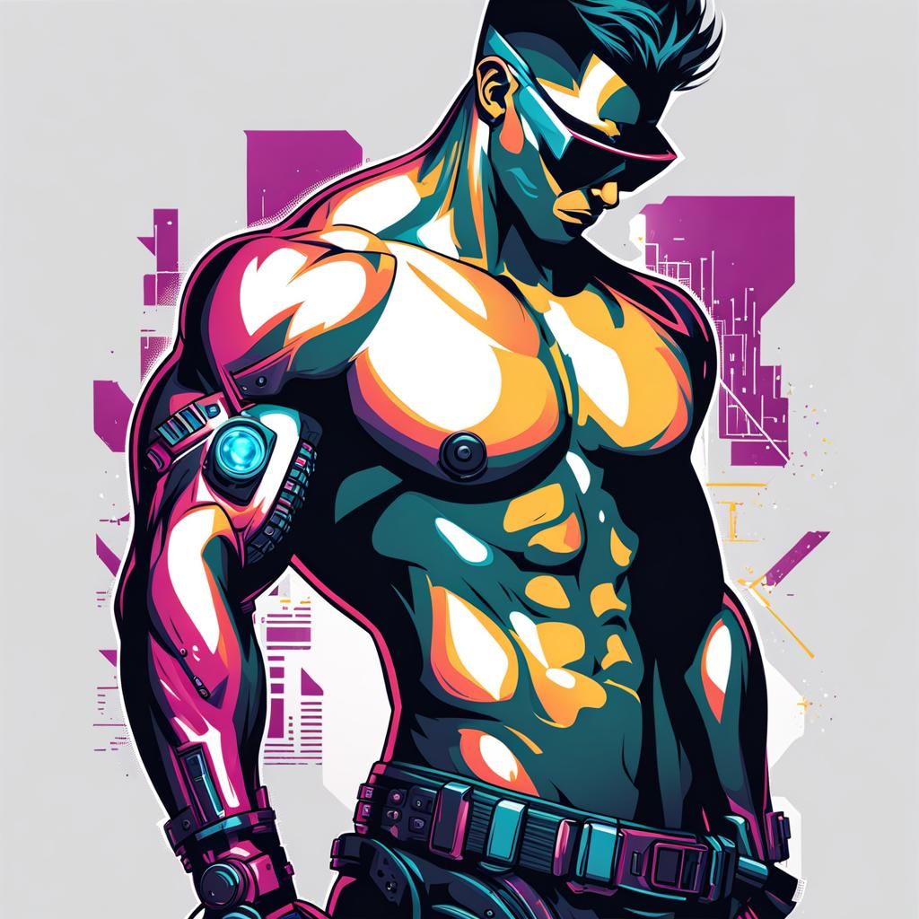 Shirtless Cyberpunk Hunk in Digital Illustration