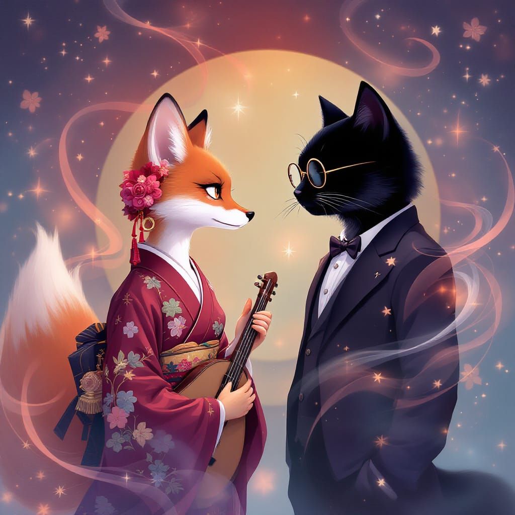 Fox-Person Meets Cat-Person in Ethereal Asian Art Style
