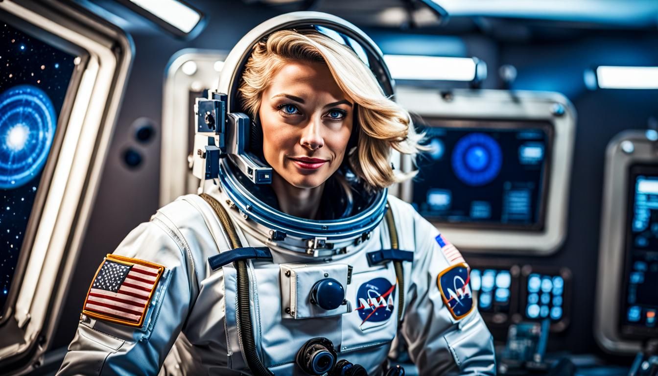 Blonde Astronaut Brushing Hair in Space Station